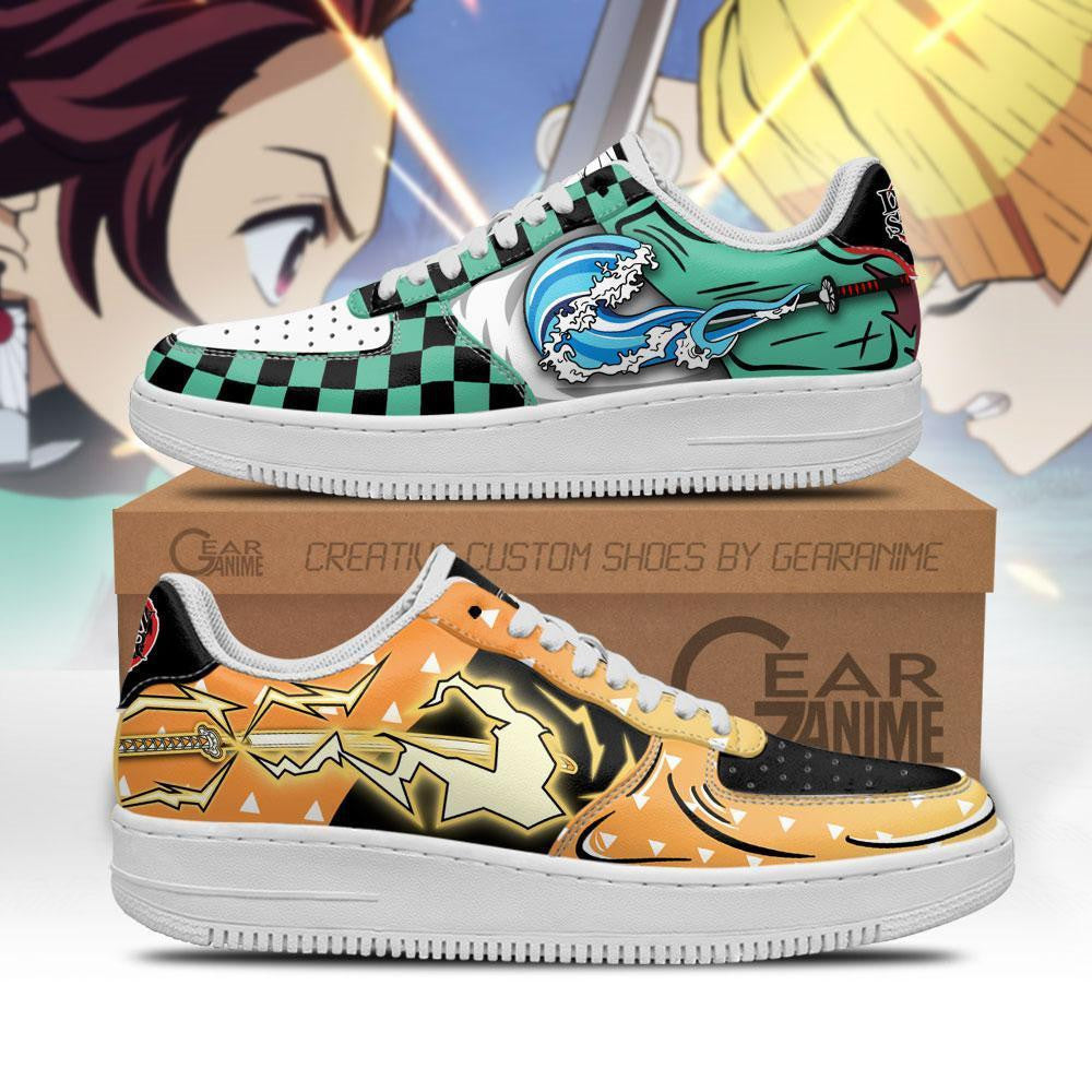 Baskets Anime Tanjiro and Zenitsu Custom Low-Top Leather Sneakers Water & Thunder Breathing en Cuir Chaussures Basses Unisexes Demon Slayer